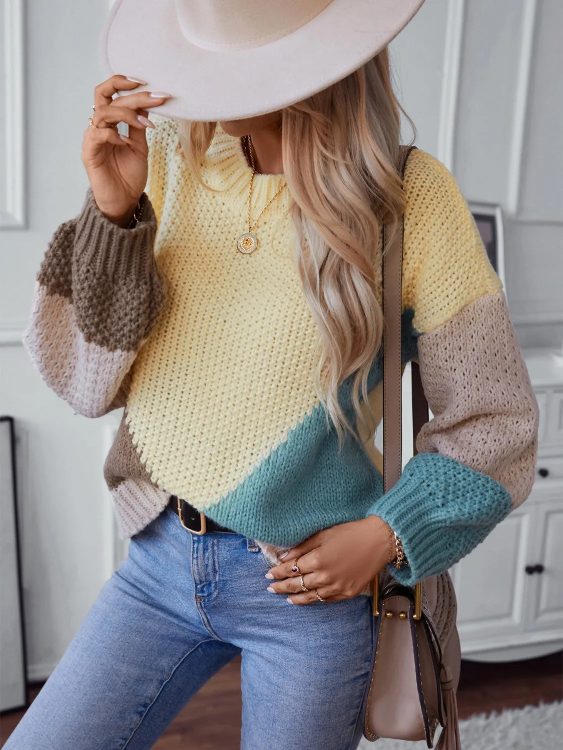 Color Block Round Neck Dropped Shoulder Sweater (2 Colors)