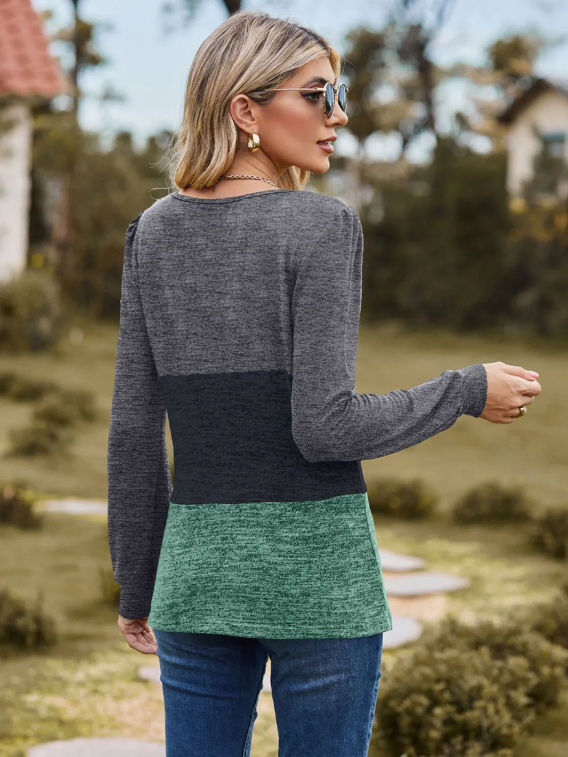Color Block Square Neck Long Sleeve Top (3 Colors)