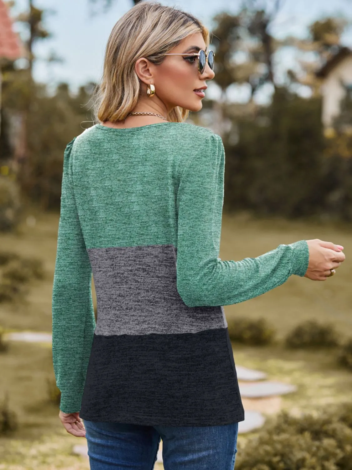 Color Block Square Neck Long Sleeve Top (3 Colors)