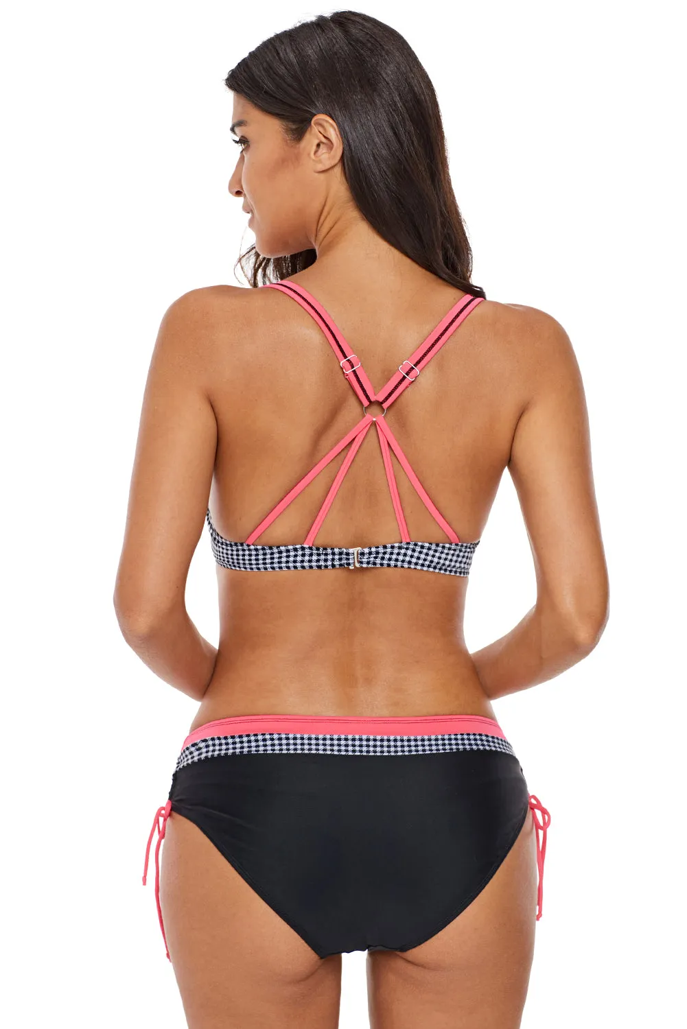 Coral Trim Retro Plaid Bikini 2pcs Swimsuit