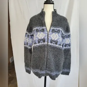 Croft &amp; Barrow VTG grey blue icelandic ski motif zip front wool blend sweater S