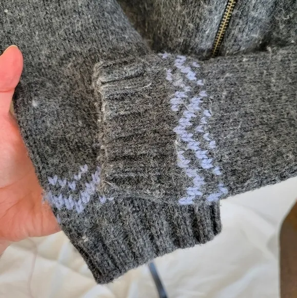 Croft &amp; Barrow VTG grey blue icelandic ski motif zip front wool blend sweater S