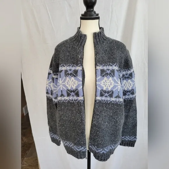 Croft &amp; Barrow VTG grey blue icelandic ski motif zip front wool blend sweater S