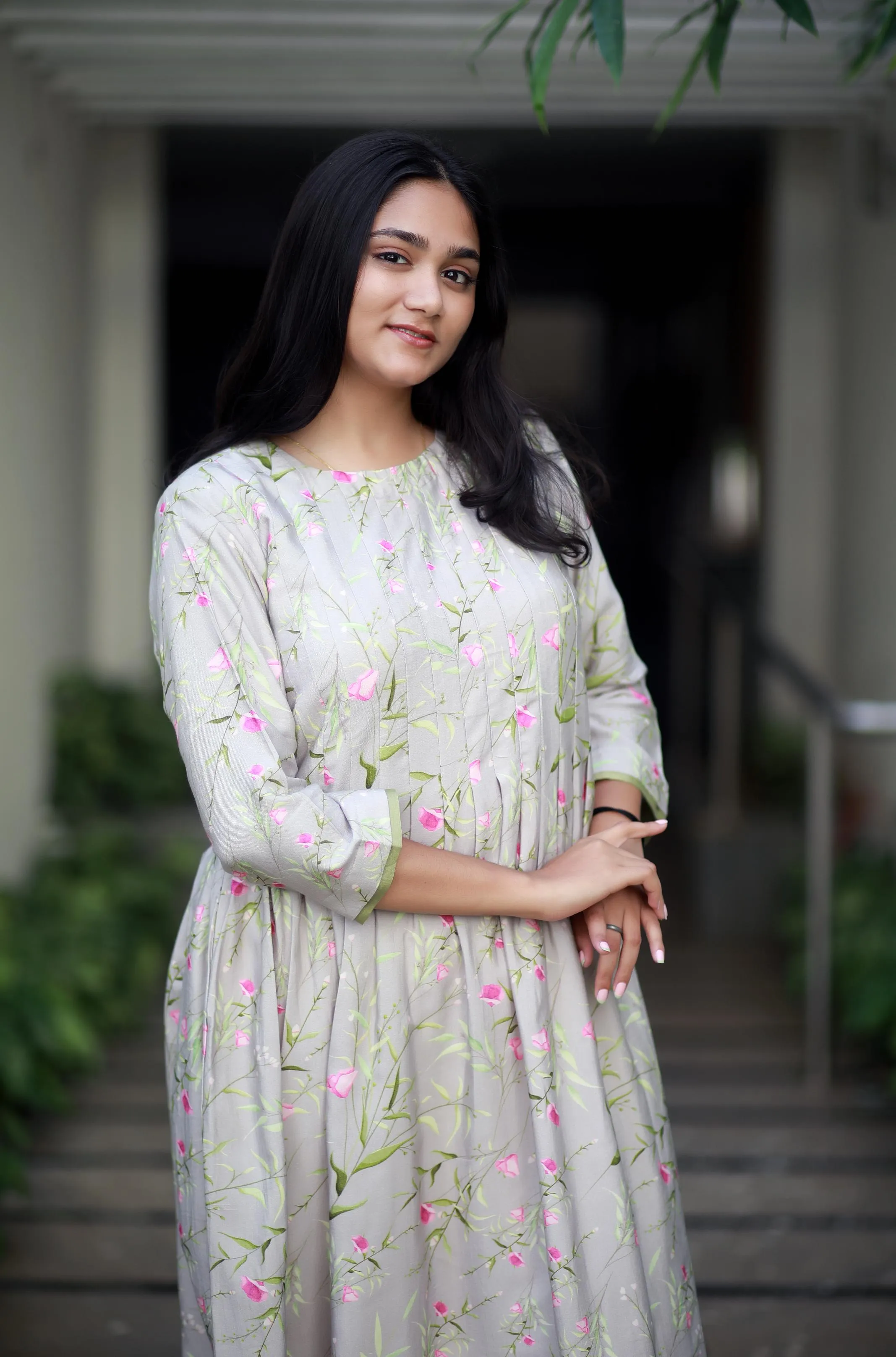 Dainty Dusk Light Grey Staple Silk Kurta With Floral Design Kurta/ Dress