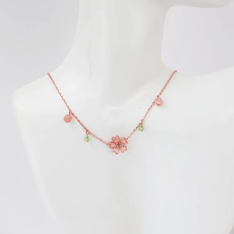 Dainty Pink Crystal Flower Charm Necklace