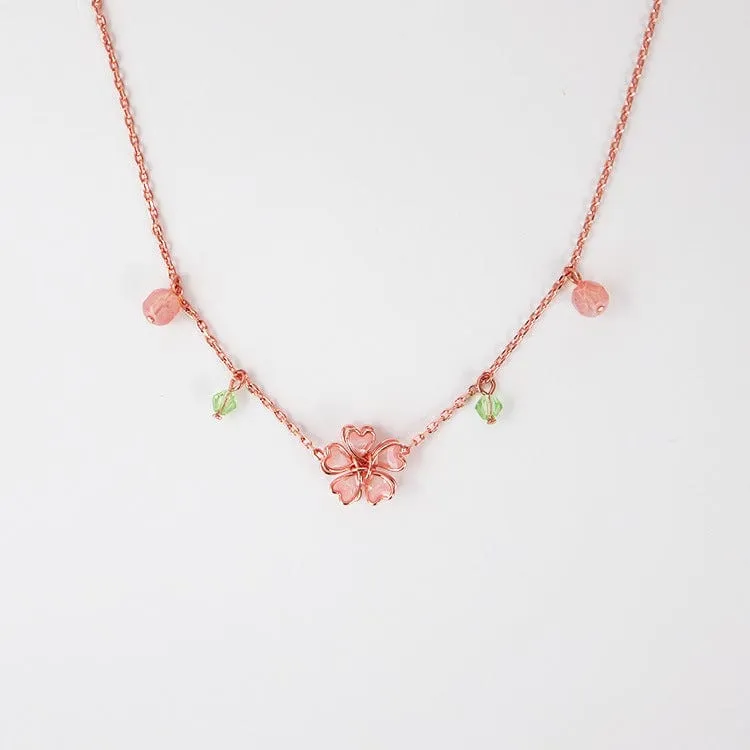 Dainty Pink Crystal Flower Charm Necklace