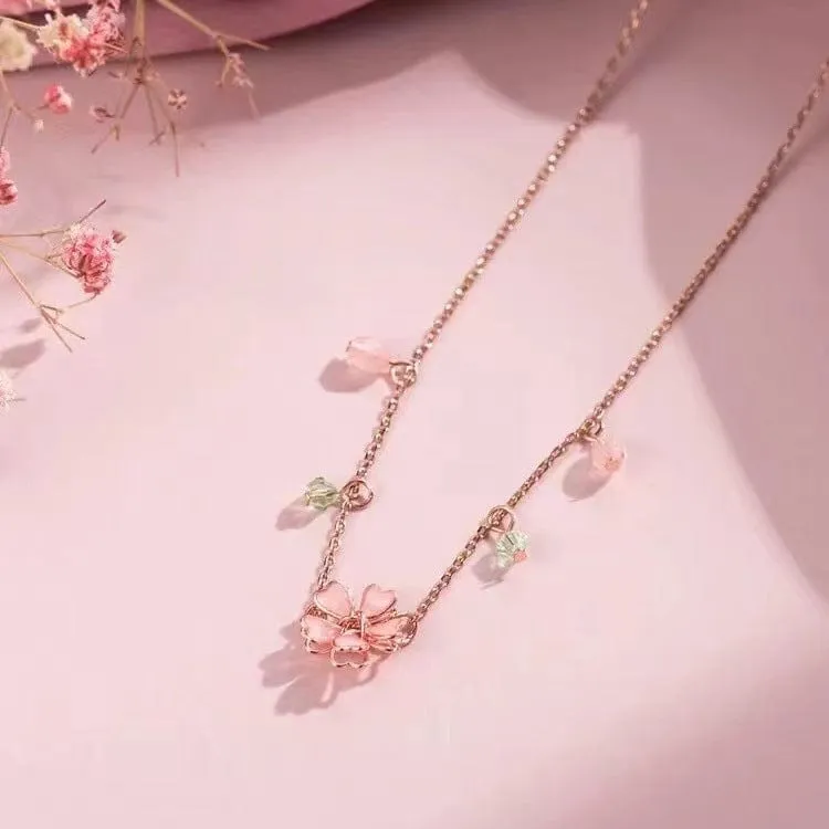 Dainty Pink Crystal Flower Charm Necklace
