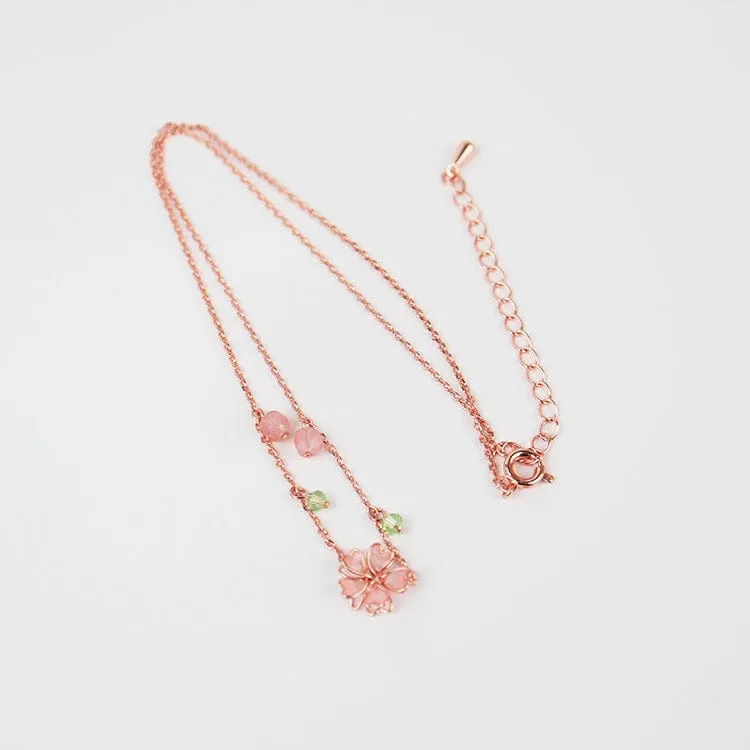 Dainty Pink Crystal Flower Charm Necklace