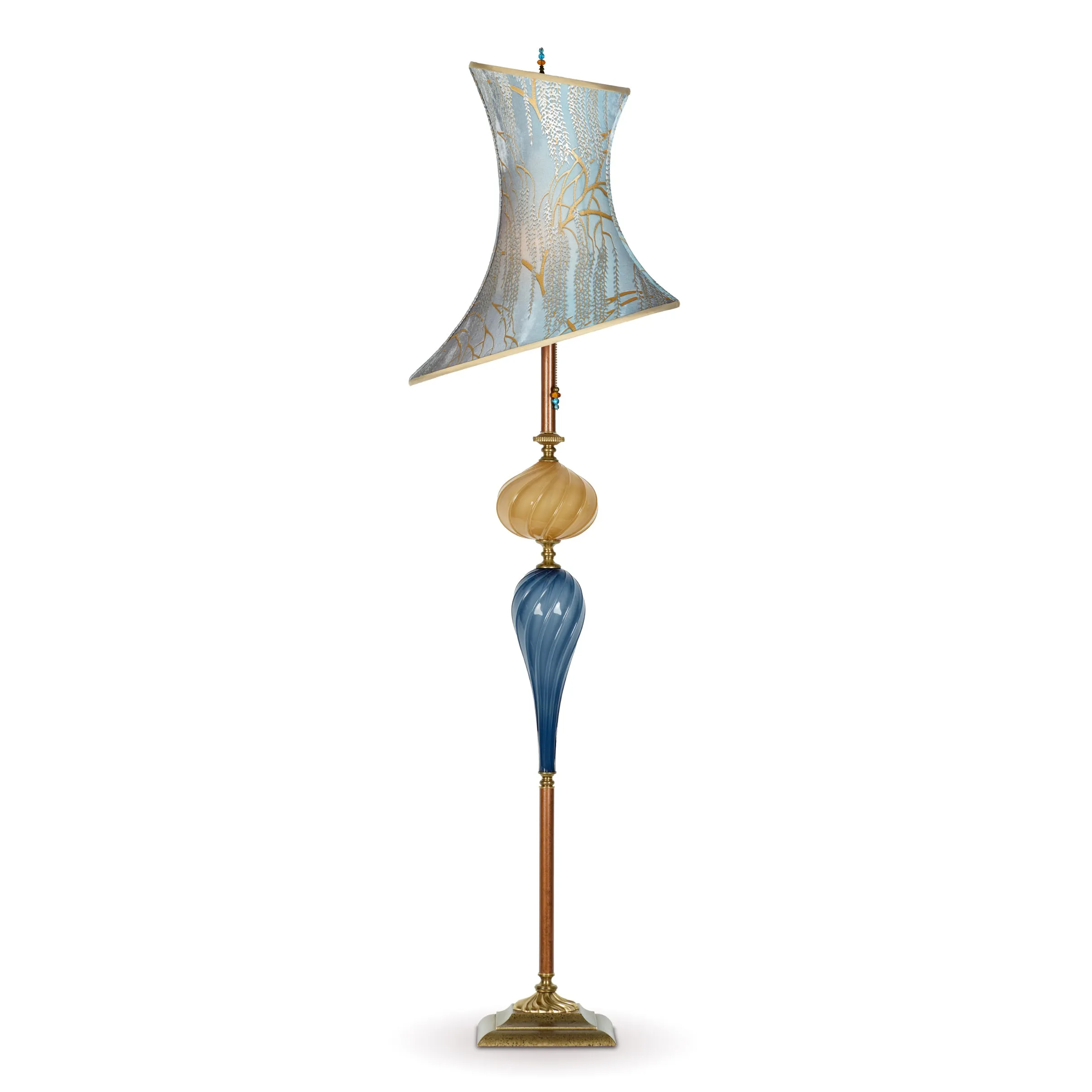 Dave Floor Lamp F150AH132 Has an Asymetrical Blue and Gold Blown Glass Base and Kevin OBrien Blue Willow Shade by Kinzig Design