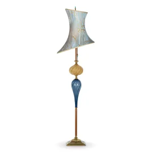 Dave Floor Lamp F150AH132 Has an Asymetrical Blue and Gold Blown Glass Base and Kevin OBrien Blue Willow Shade by Kinzig Design