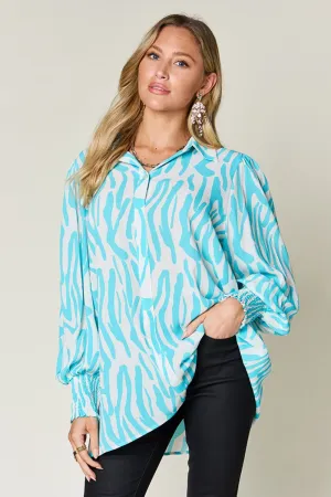 Double Take Full Size Printed Smocked Long Sleeve Blouse