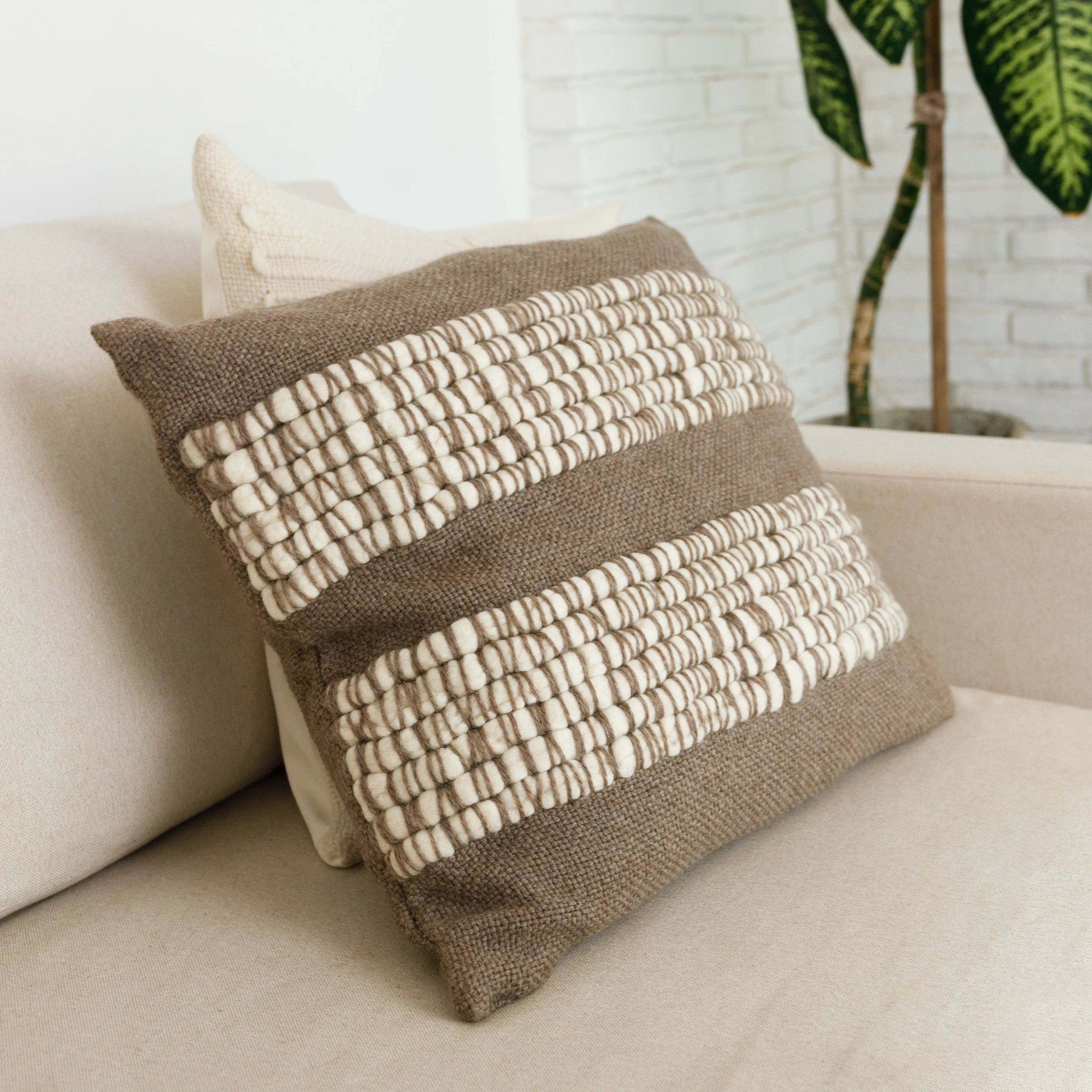 Earthy Brown Merino Wool Pillow Cover with Cream Wool Texture