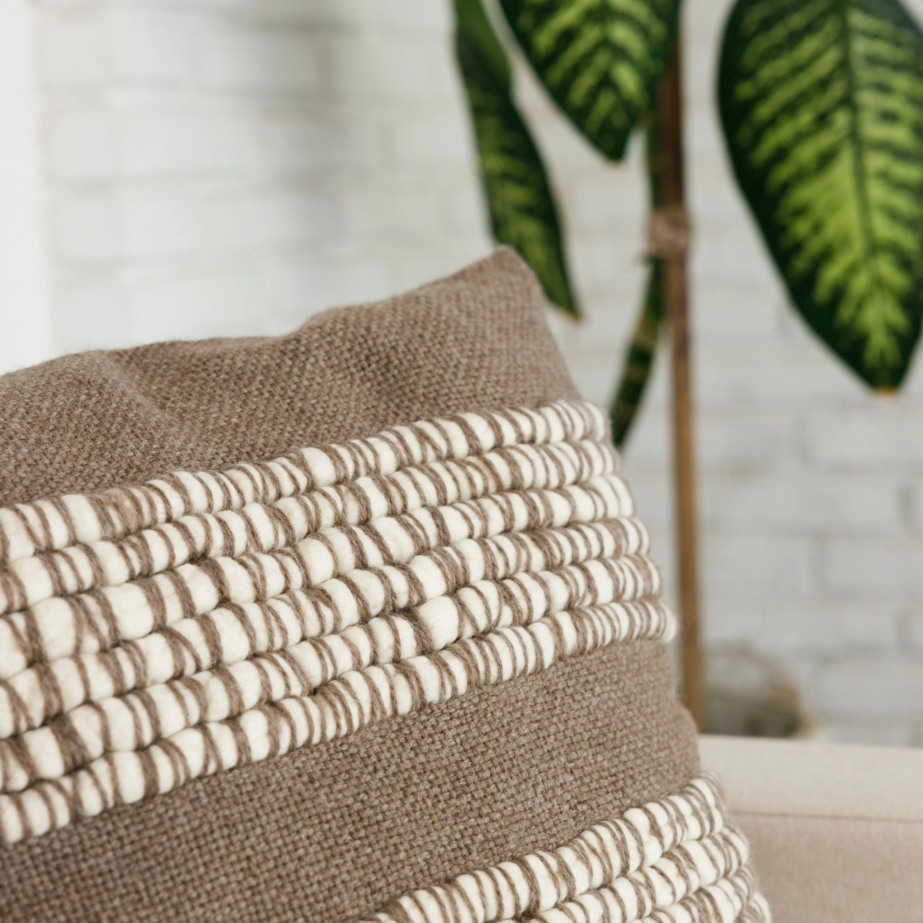 Earthy Brown Merino Wool Pillow Cover with Cream Wool Texture