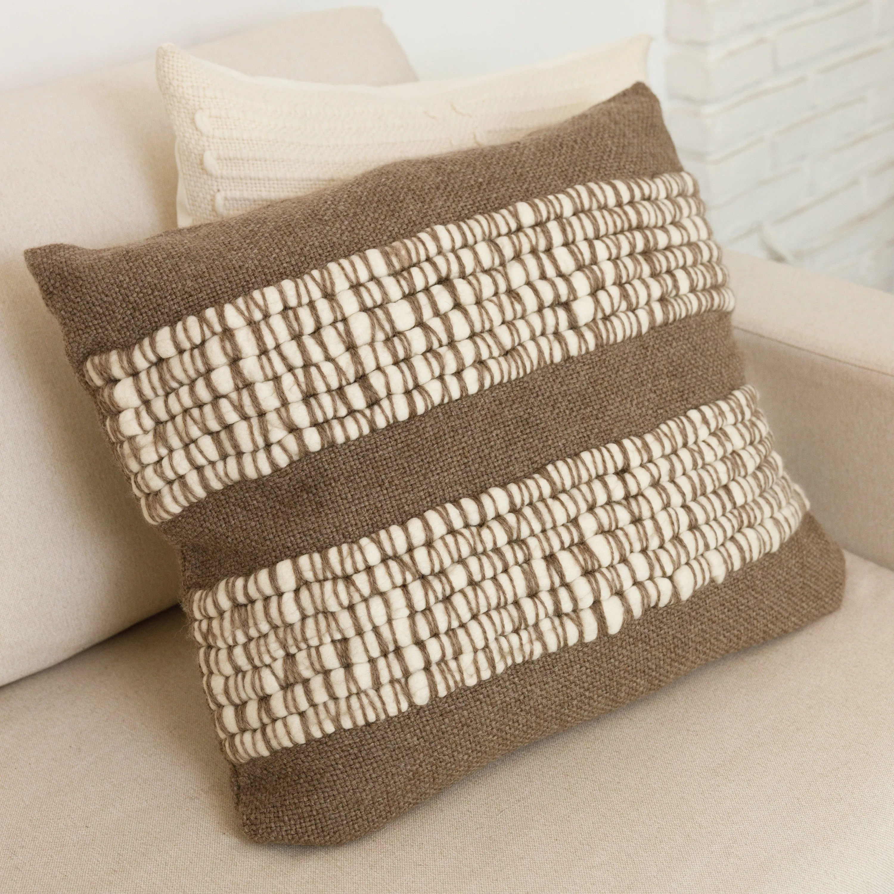Earthy Brown Merino Wool Pillow Cover with Cream Wool Texture