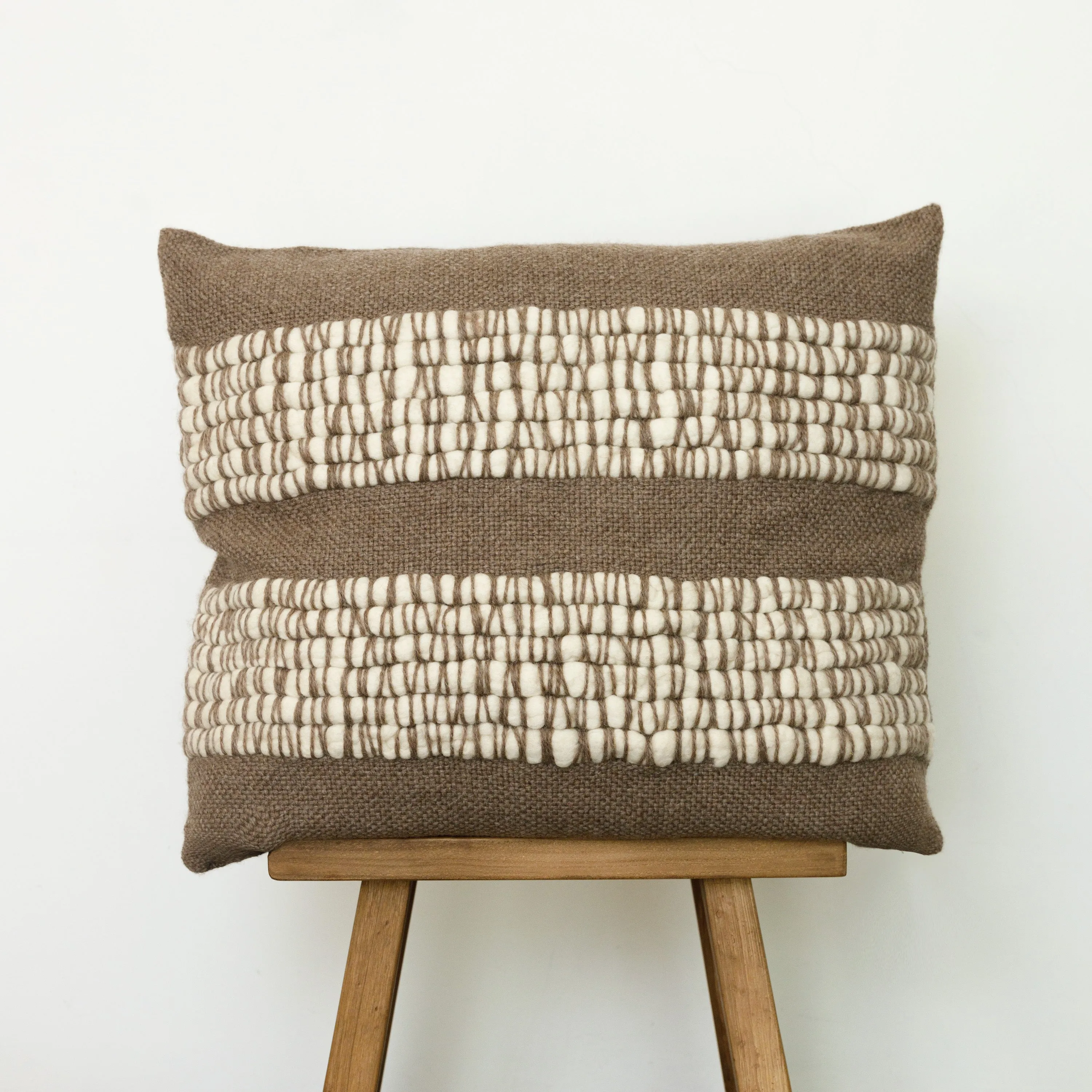Earthy Brown Merino Wool Pillow Cover with Cream Wool Texture