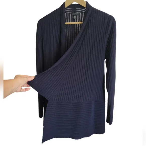 Eileen Fisher Ribbed Merino Wool Long Cardigan in Navy Blue