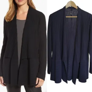 Eileen Fisher Ribbed Merino Wool Long Cardigan in Navy Blue