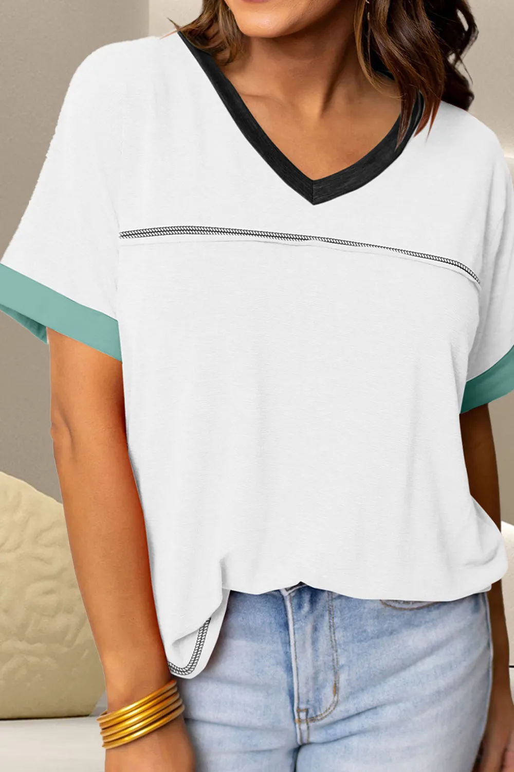 Elyne Color Block V-Neck Short Sleeve T-Shirt