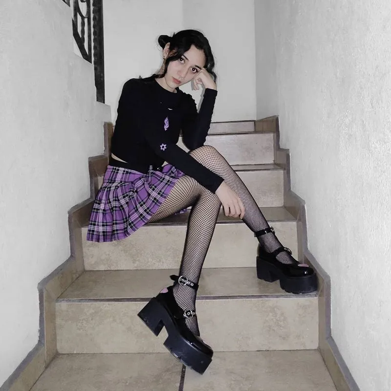 [@ferhelders] Retro Purple Gray Green Plaid High Waist Skirt W010428