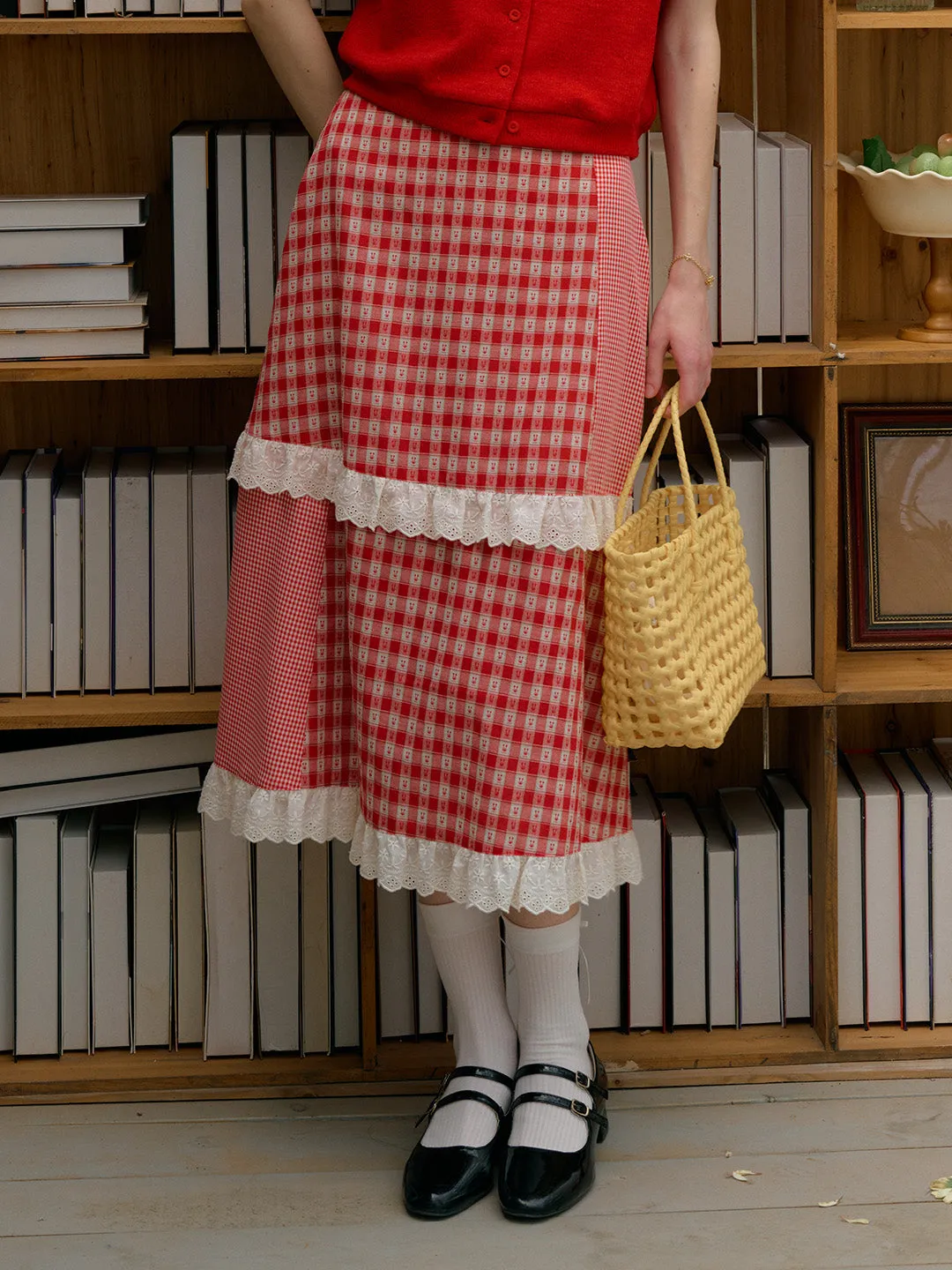 【Final Sale】Dalia Sweet Lace Contrasting Plaid Cake Skirt
