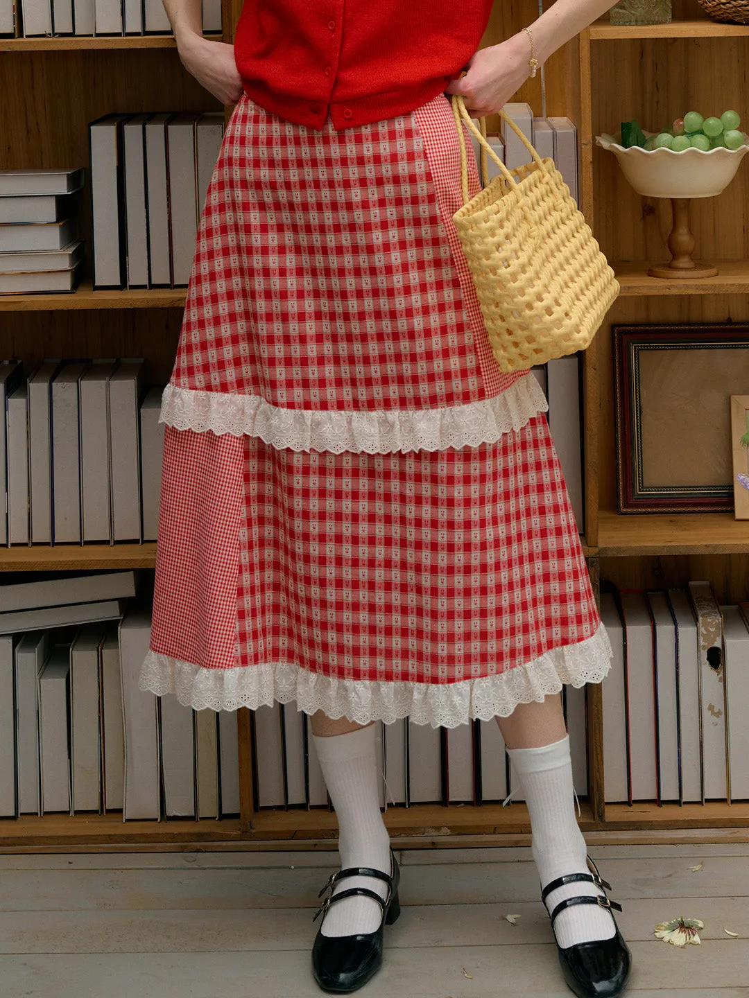 【Final Sale】Dalia Sweet Lace Contrasting Plaid Cake Skirt