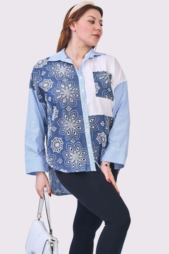Floral Patchwork Stripe Print Oversized High Low Hem Front Pocket Cotton Shirt