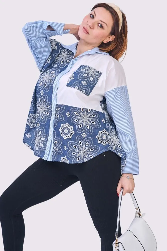 Floral Patchwork Stripe Print Oversized High Low Hem Front Pocket Cotton Shirt