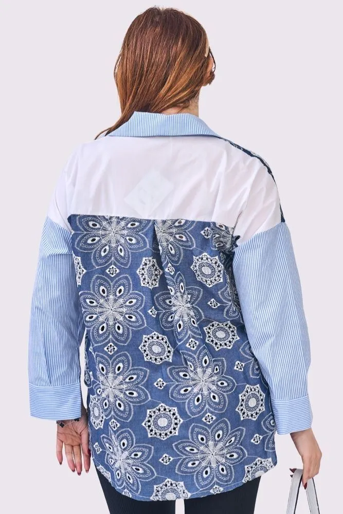 Floral Patchwork Stripe Print Oversized High Low Hem Front Pocket Cotton Shirt