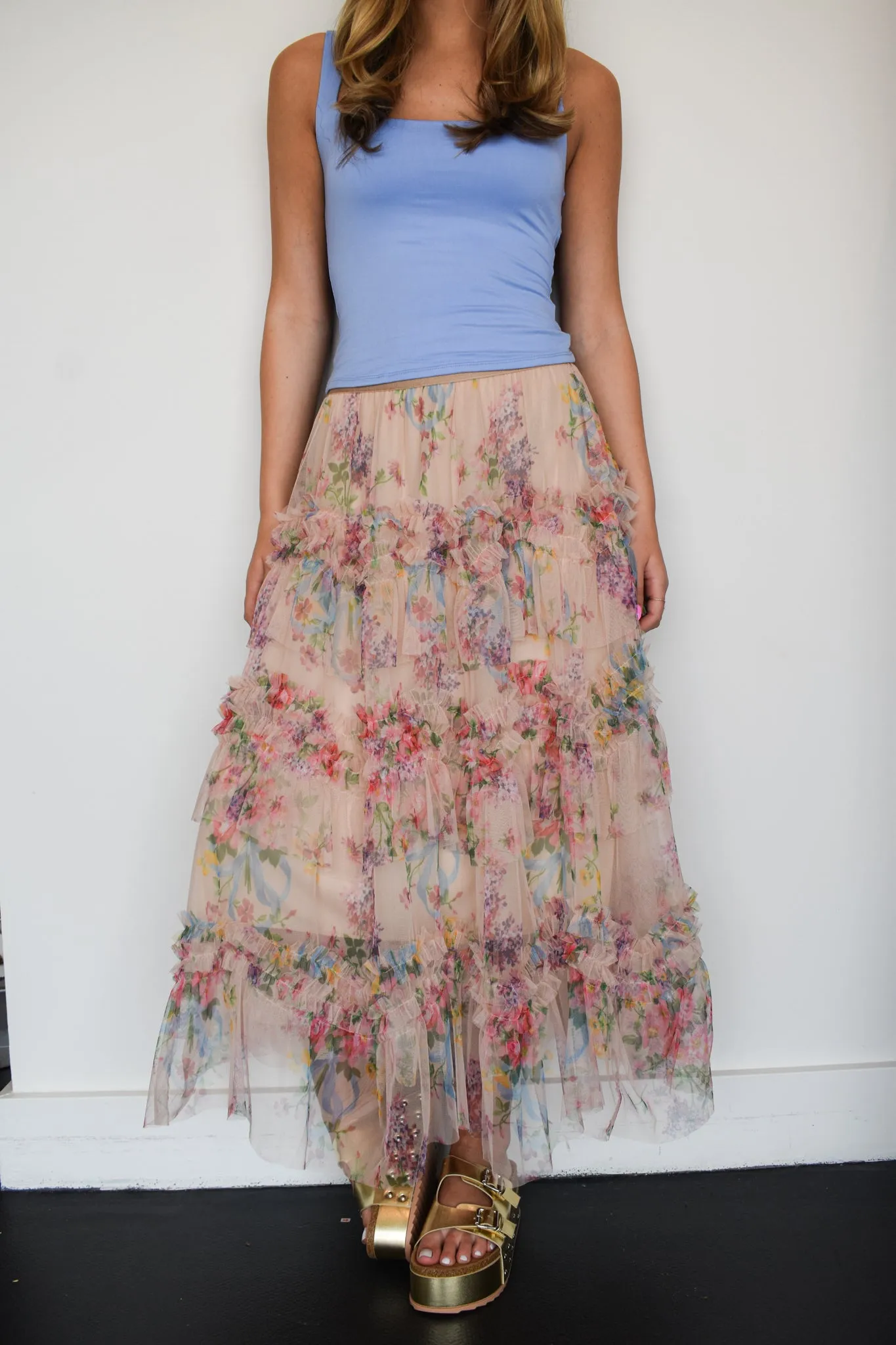 Floral Tulle Maxi Skirt- Cream