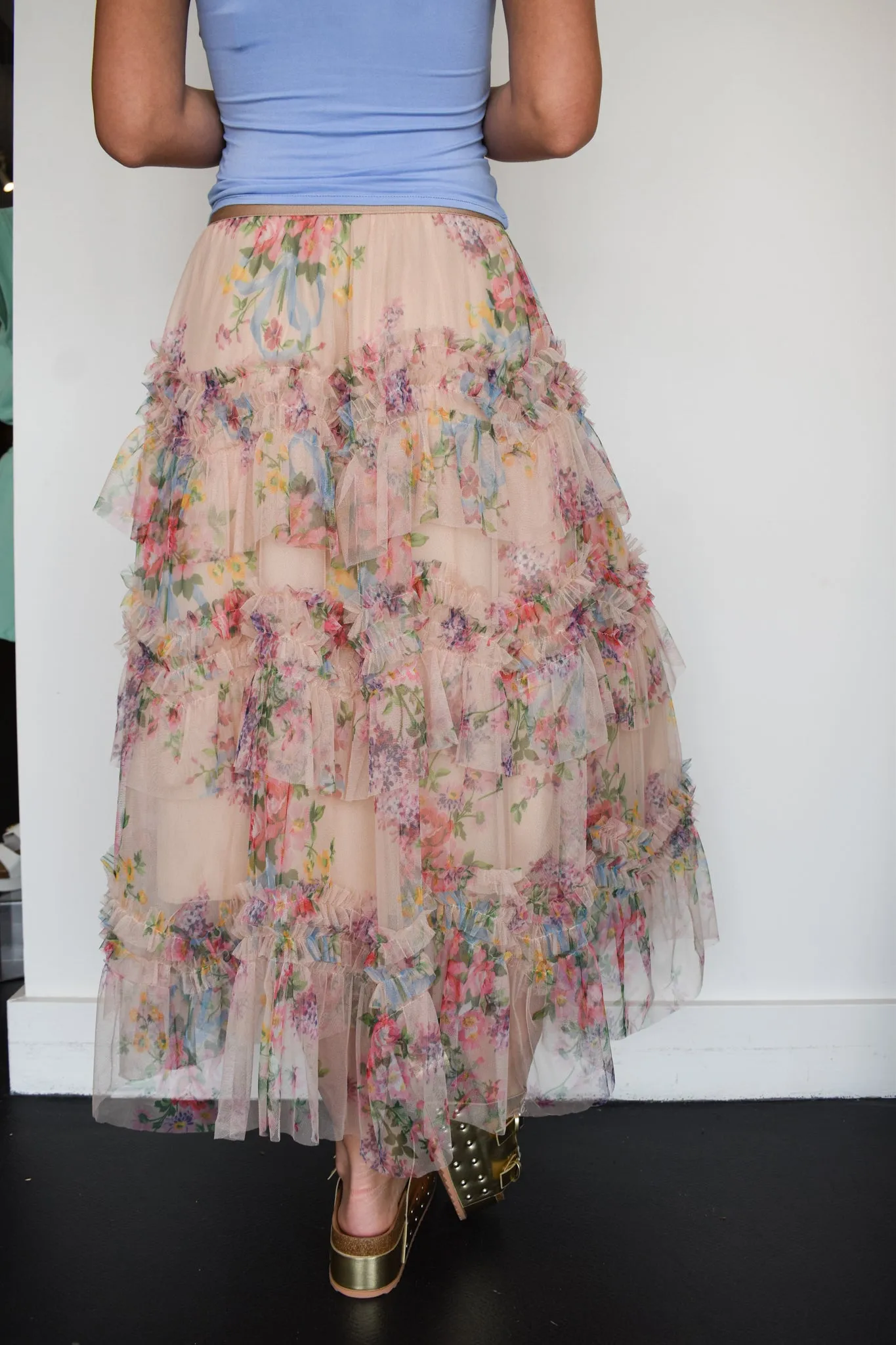 Floral Tulle Maxi Skirt- Cream