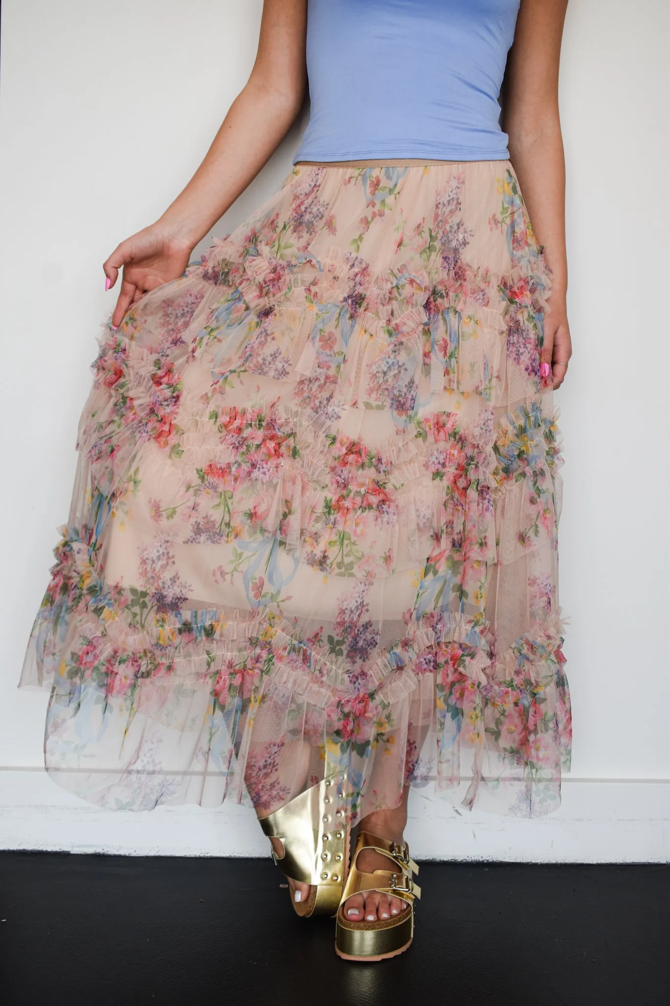 Floral Tulle Maxi Skirt- Cream