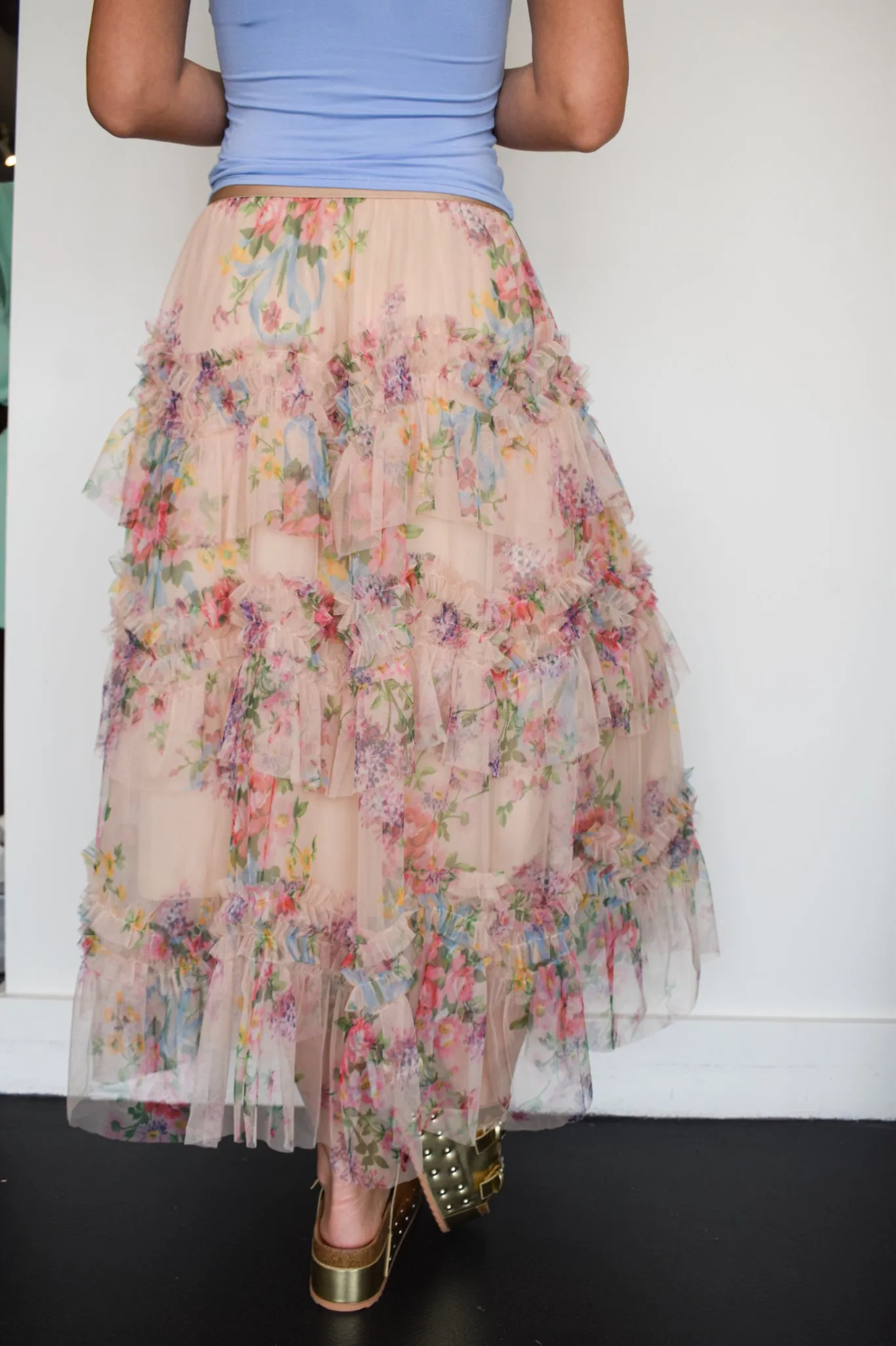 Floral Tulle Maxi Skirt- Cream