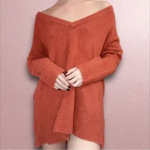 French Connection Flossy V-Neck Burnt Orange Pullover Oversized Sweater XS