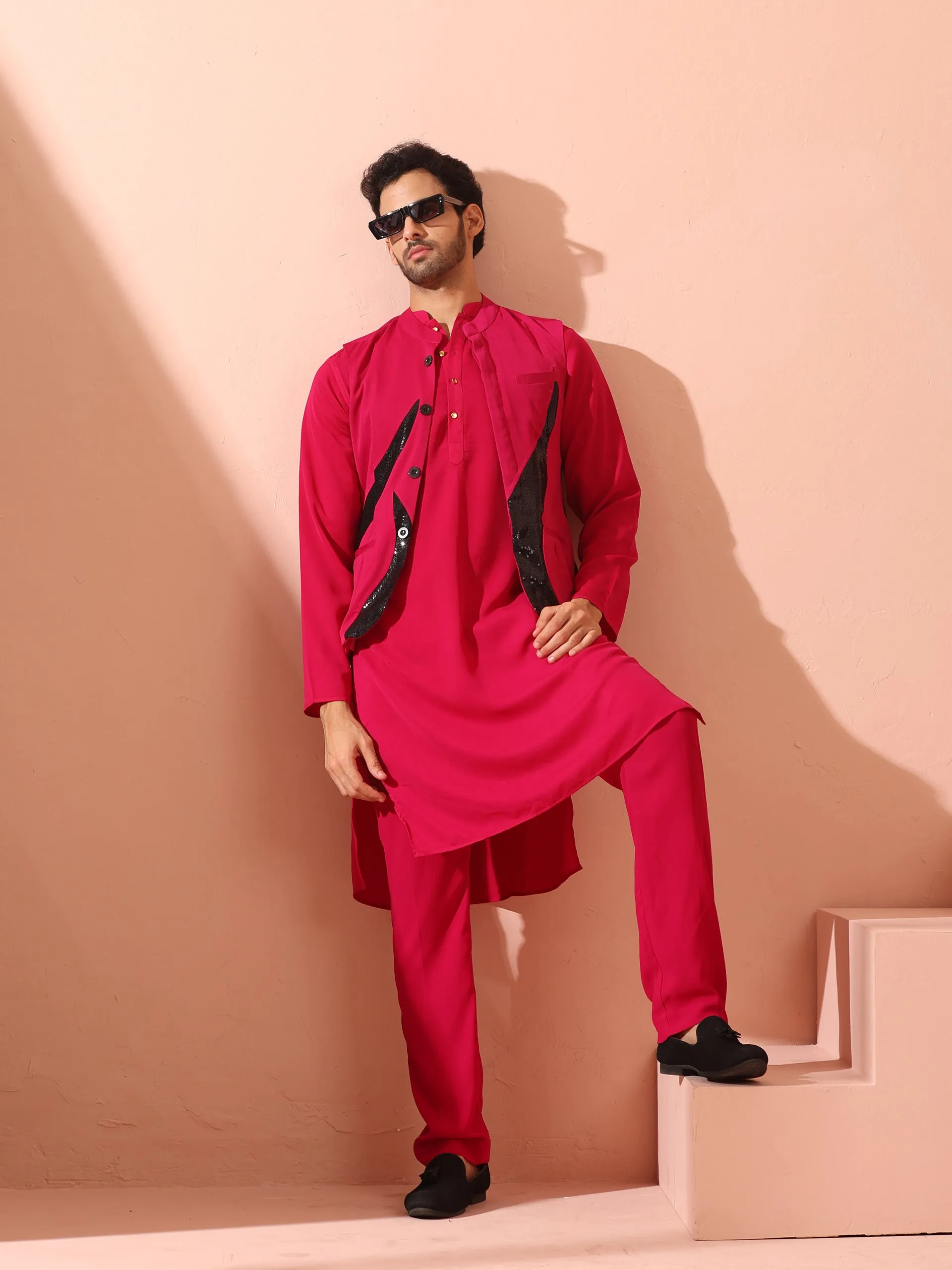 Fuchsia Korean Fabric Kurta with Gold Buttons