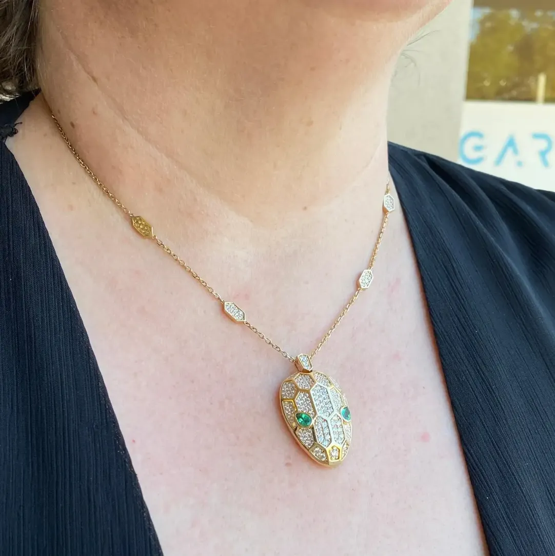 Geometric Large Snake Head Necklace Diamonds and Emeralds Bold Design 18K Gold
