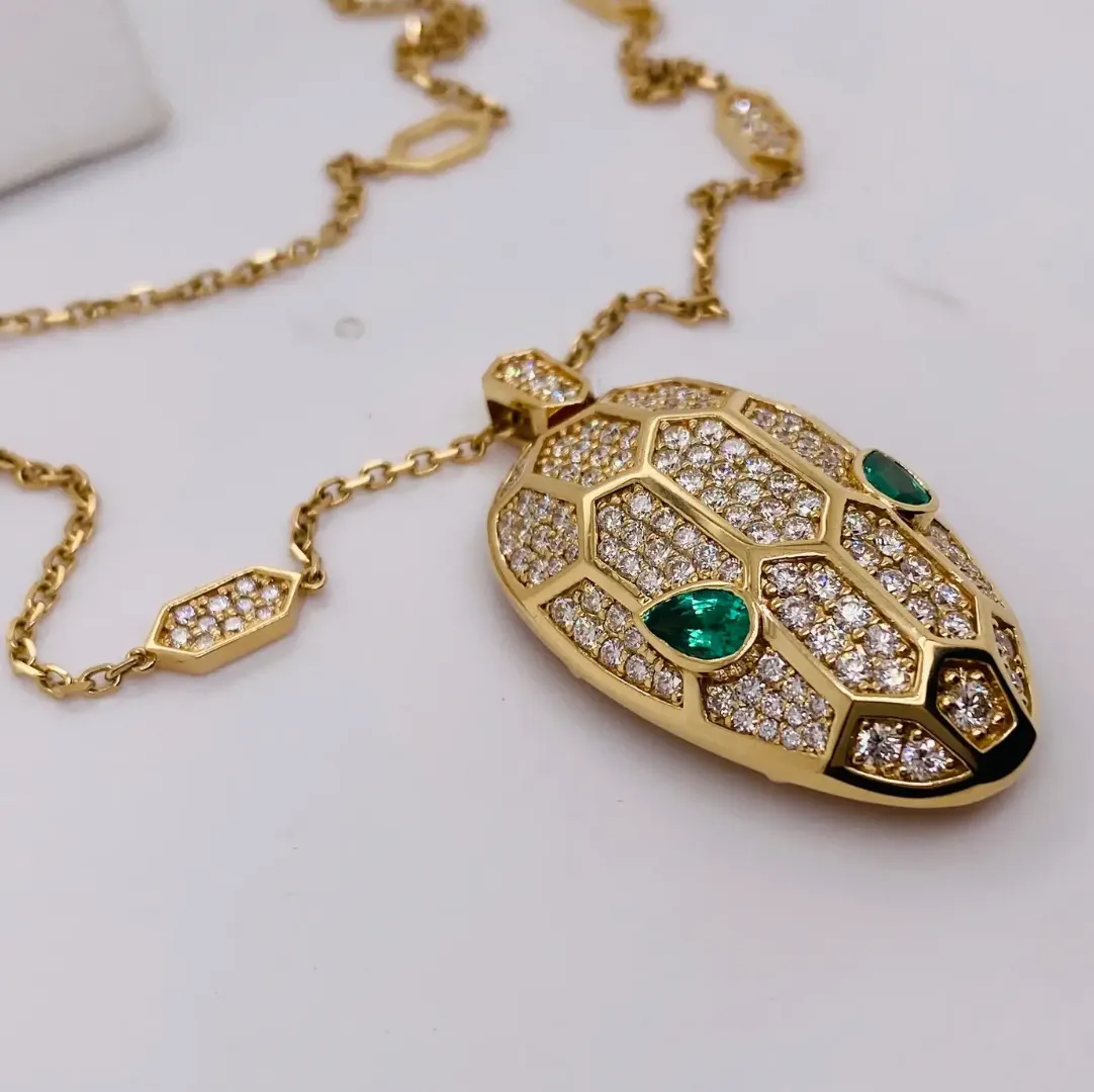 Geometric Large Snake Head Necklace Diamonds and Emeralds Bold Design 18K Gold