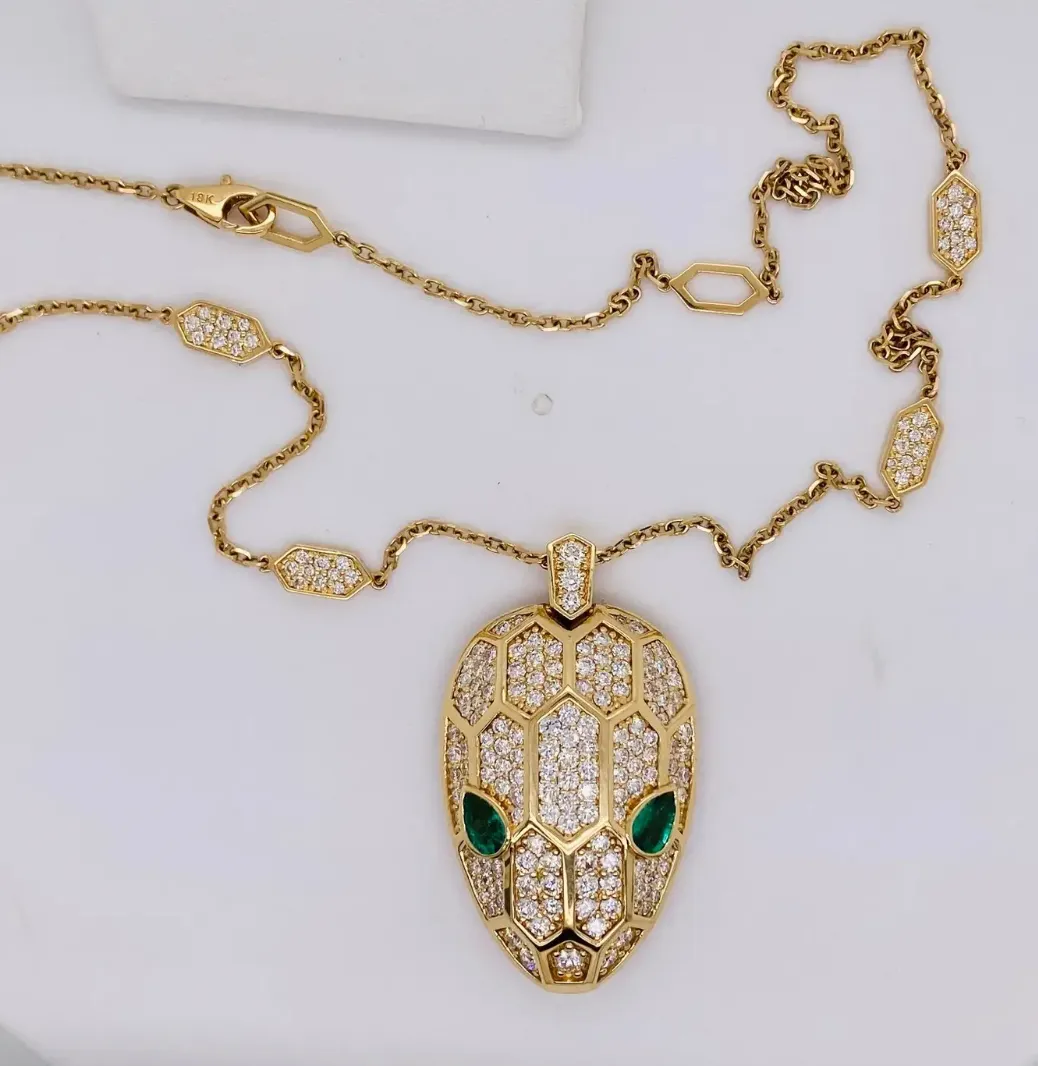 Geometric Large Snake Head Necklace Diamonds and Emeralds Bold Design 18K Gold