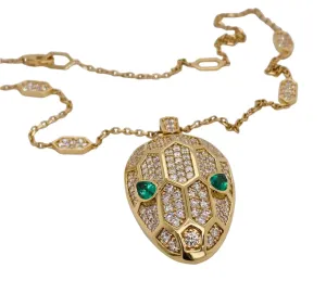 Geometric Large Snake Head Necklace Diamonds and Emeralds Bold Design 18K Gold