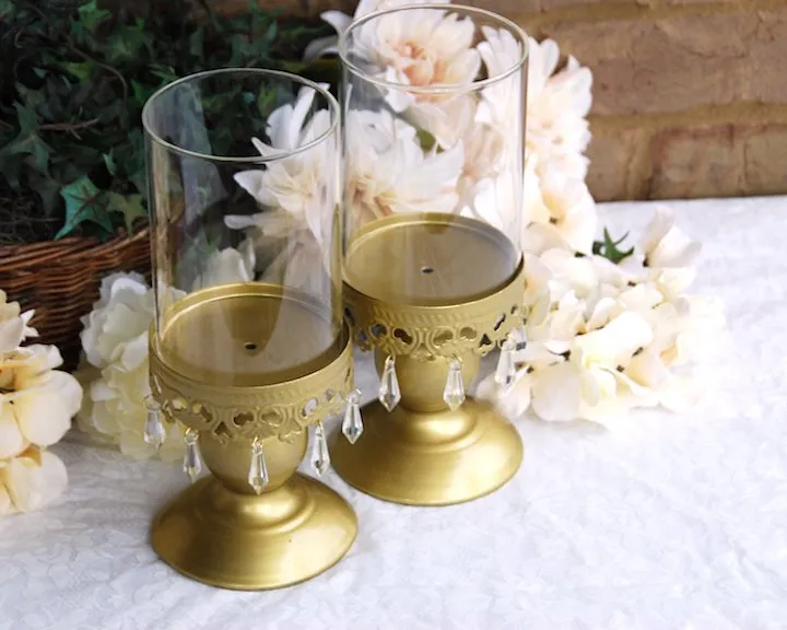 Gold beaded pillar candle holder set