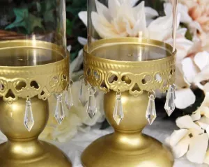 Gold beaded pillar candle holder set