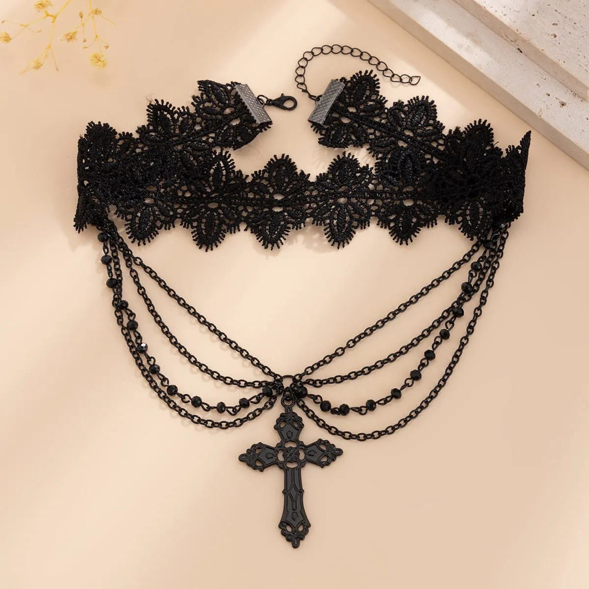 Gothic Layered Cross Pendant Floral Lace Choker Necklace