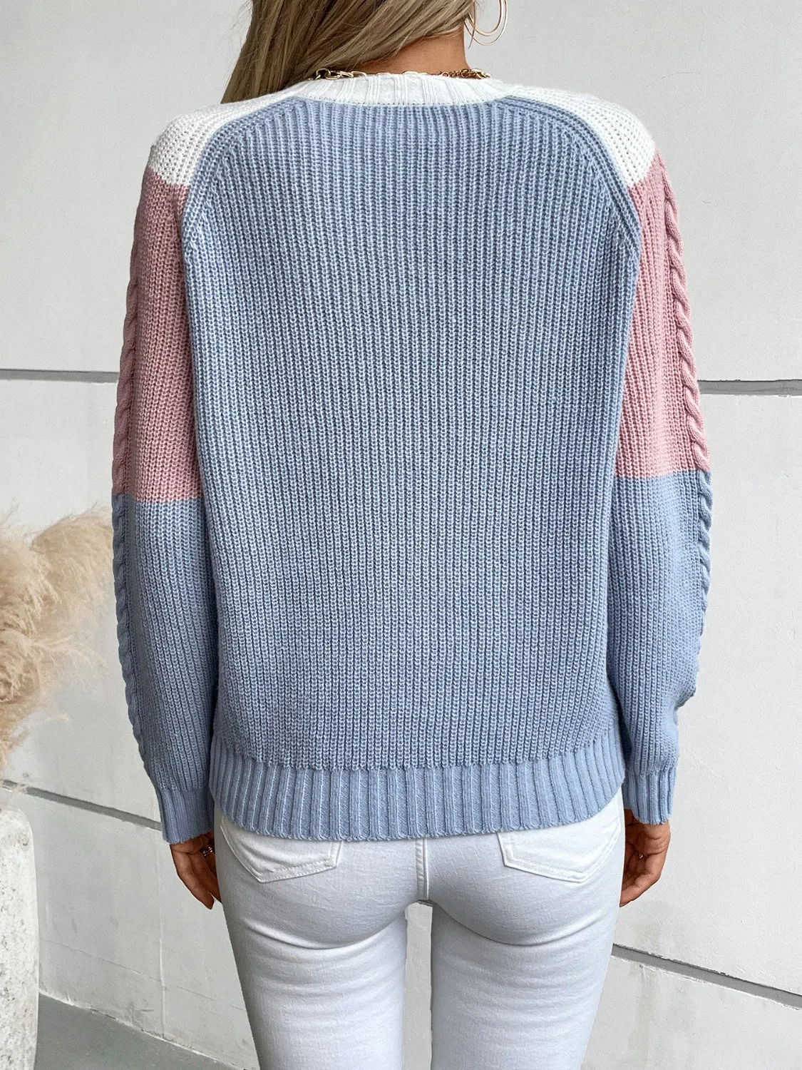 Grace Color Block Round Neck Long Sleeve Sweater