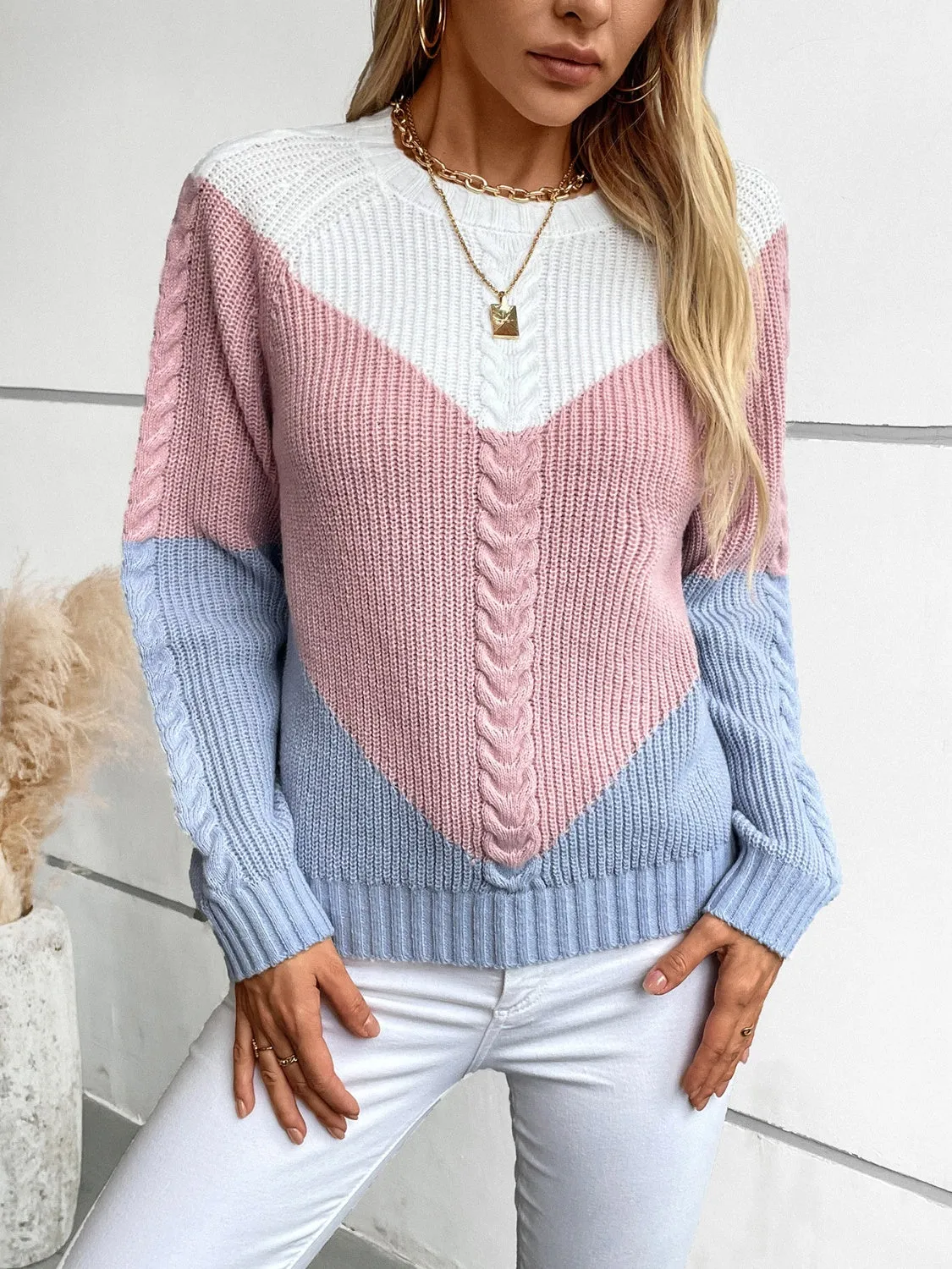 Grace Color Block Round Neck Long Sleeve Sweater