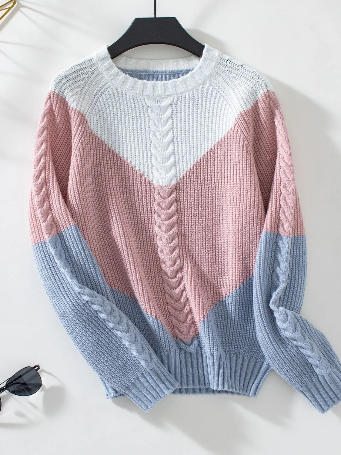 Grace Color Block Round Neck Long Sleeve Sweater