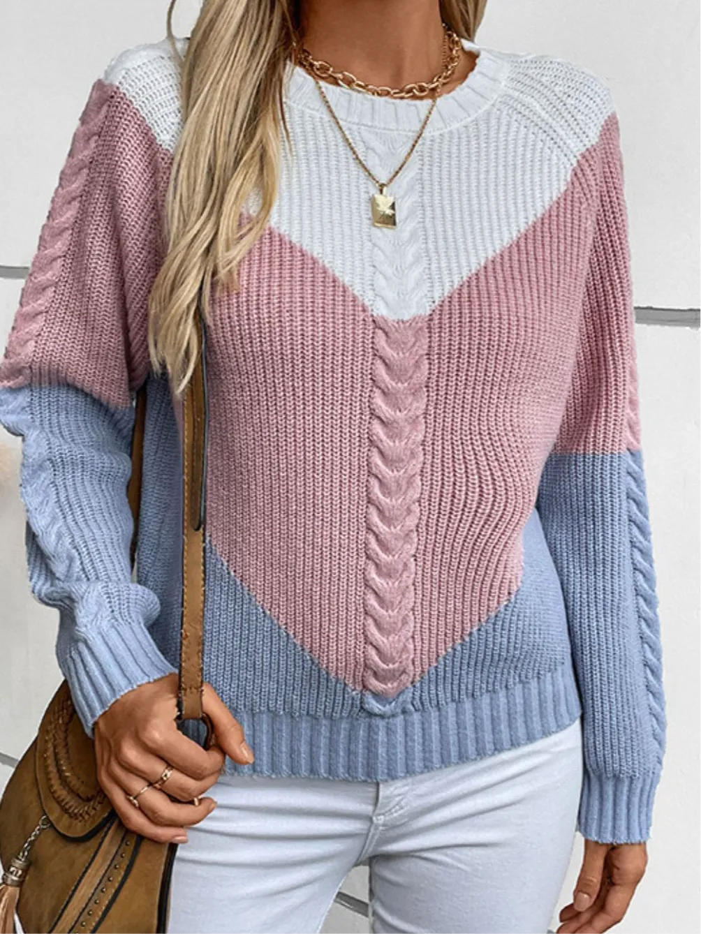 Grace Color Block Round Neck Long Sleeve Sweater