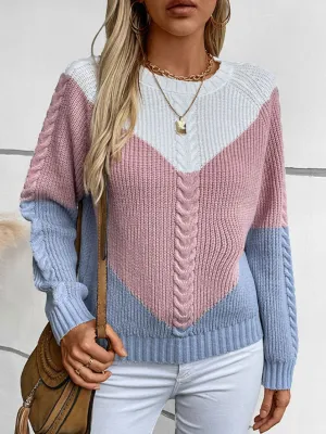 Grace Color Block Round Neck Long Sleeve Sweater