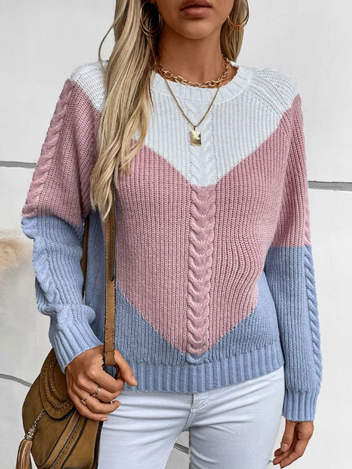 Grace Color Block Round Neck Long Sleeve Sweater
