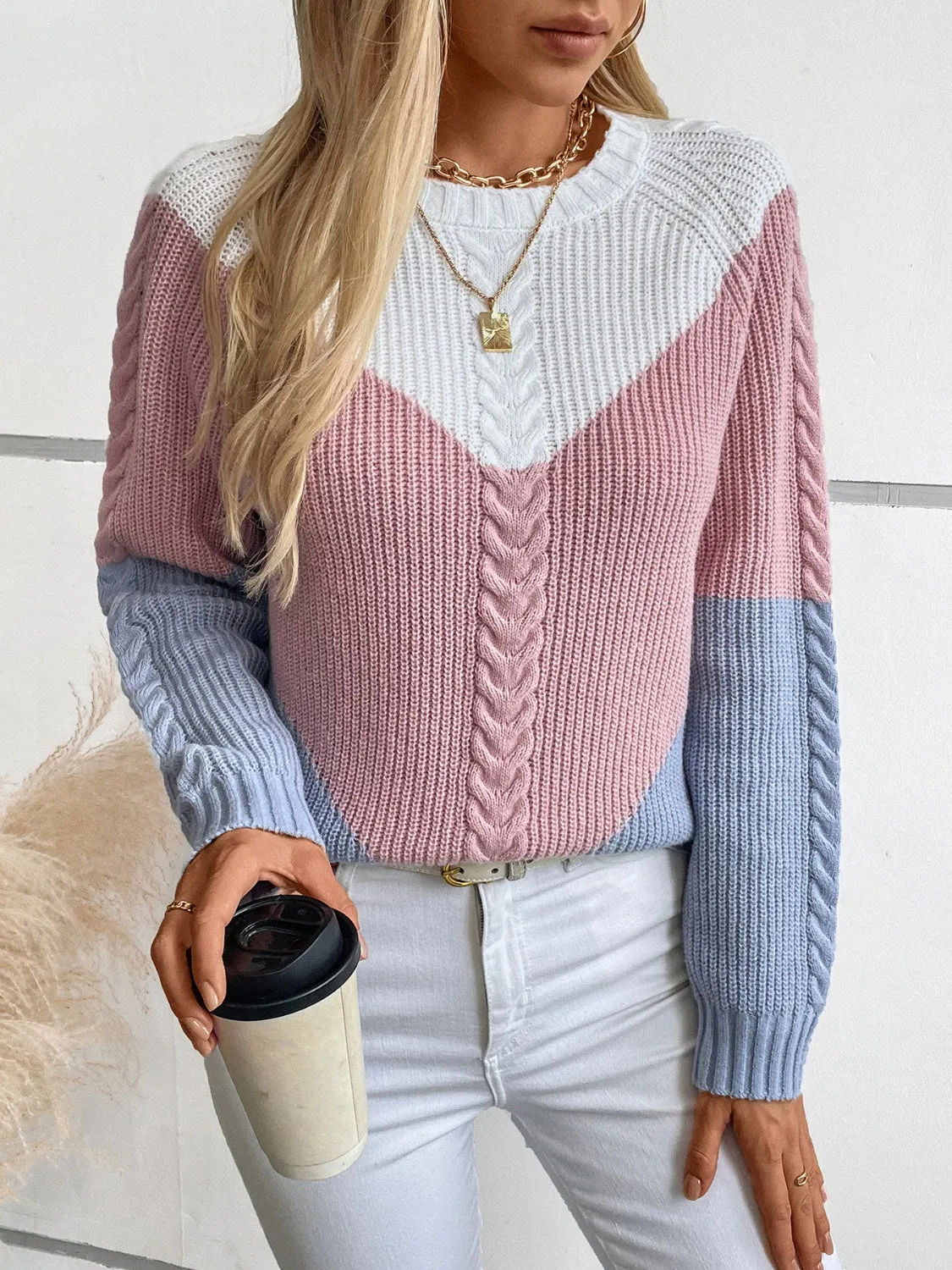 Grace Color Block Round Neck Long Sleeve Sweater