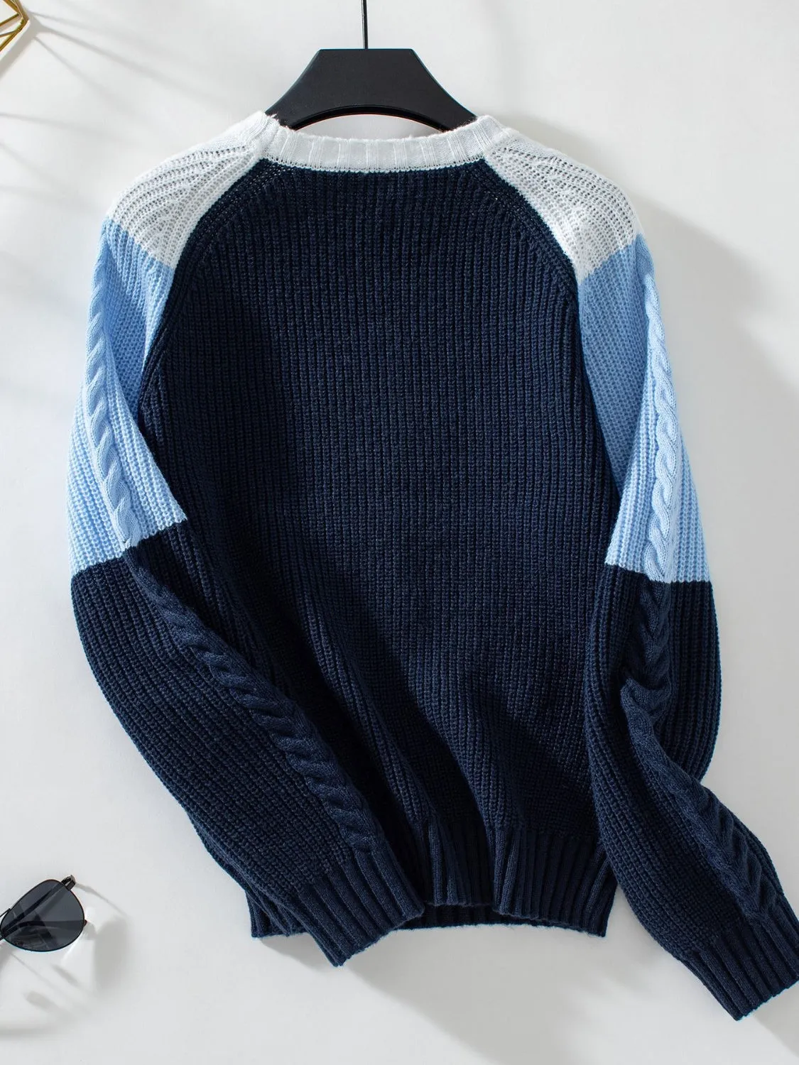 Grace Color Block Round Neck Long Sleeve Sweater