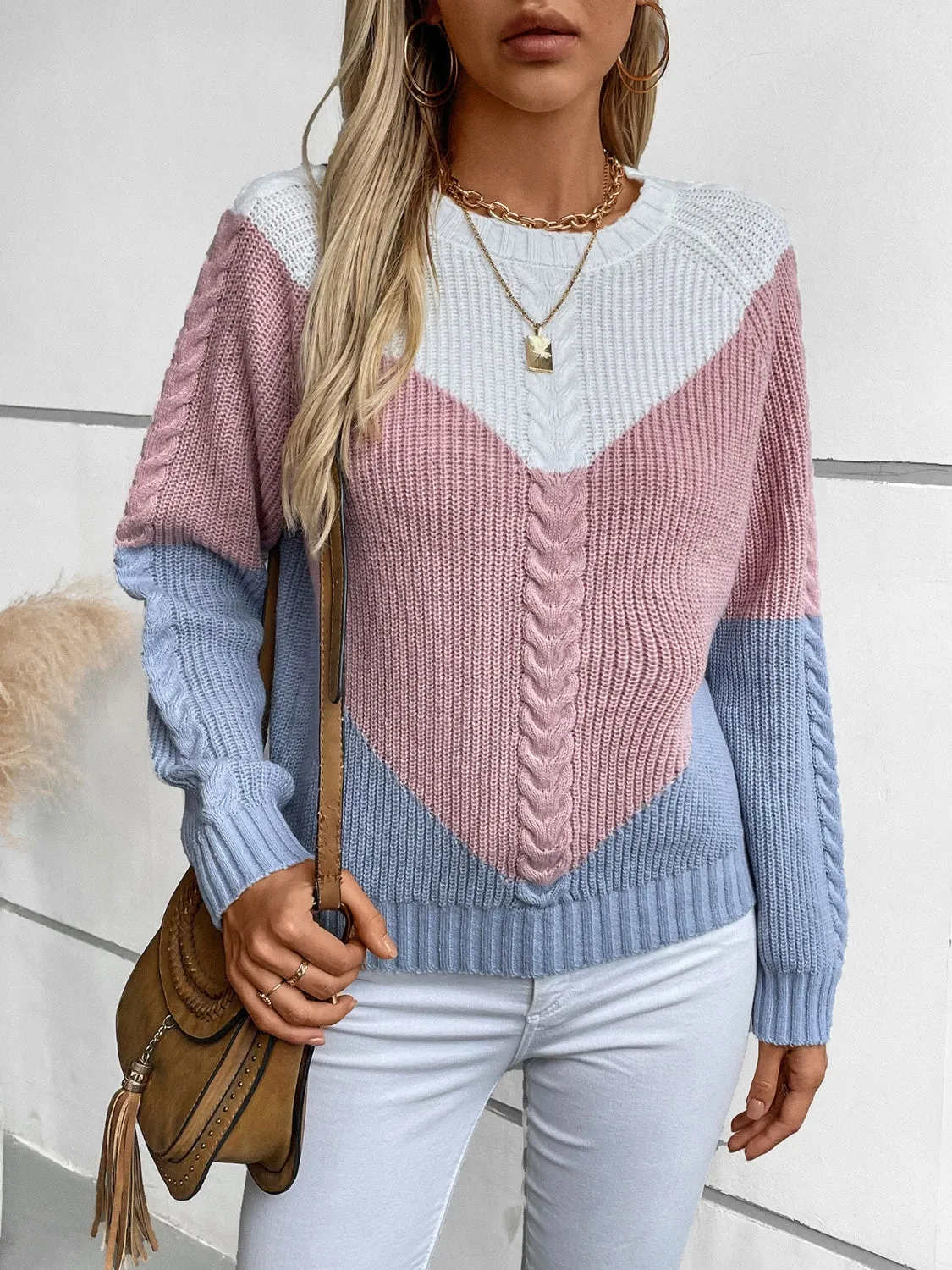 Grace Color Block Round Neck Long Sleeve Sweater